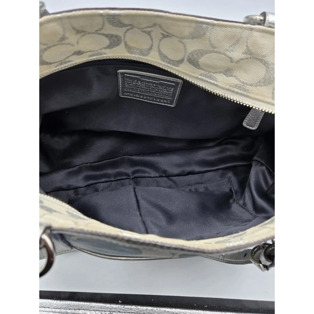 Coach Patchwork Signature Canvas Tote Bag/Purse Blue Cream Silver Buckle Straps - Picture 11 of 16